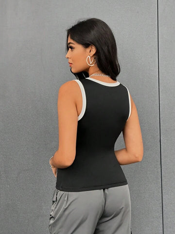 Teen Solid Black Cotton Fitted Tank Top