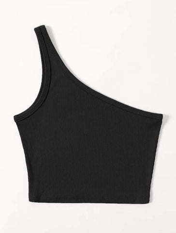 Teen Solid Black One Shoulder Rib Fitted Tank Top