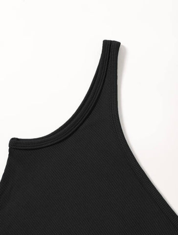 Teen Solid Black One Shoulder Rib Fitted Tank Top