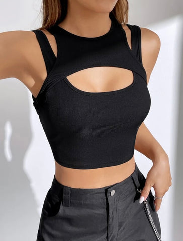 Teen Solid Black Cut Out Rib Fitted Tank Top