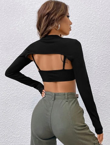 Teen Solid Black Cotton Cut Out Crop Top