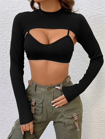 Teen Solid Black Cotton Cut Out Crop Top