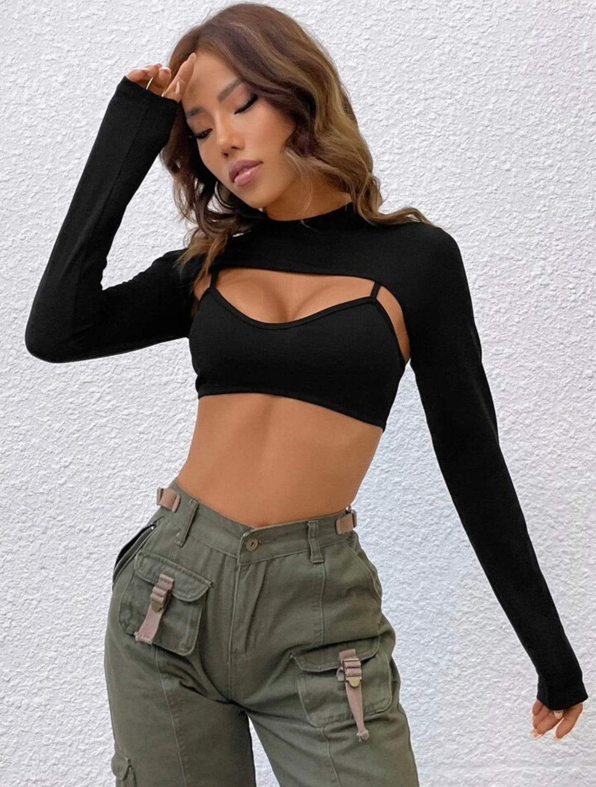 Teen Solid Black Cotton Cut Out Crop Top