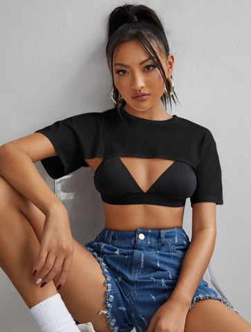 Teen Solid Black Cotton Cut Out Crop Top