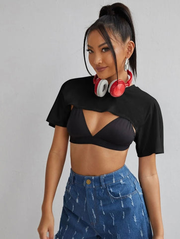 Teen Solid Black Cotton Cut Out Crop Top