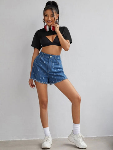 Teen Solid Black Cotton Cut Out Crop Top