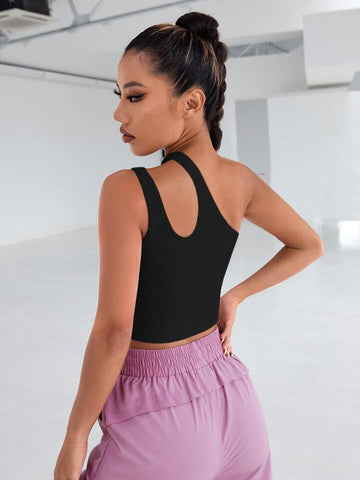 Teen Solid Black One Shoulder Asymmetrical Cut Out Rib Fitted Tank Top
