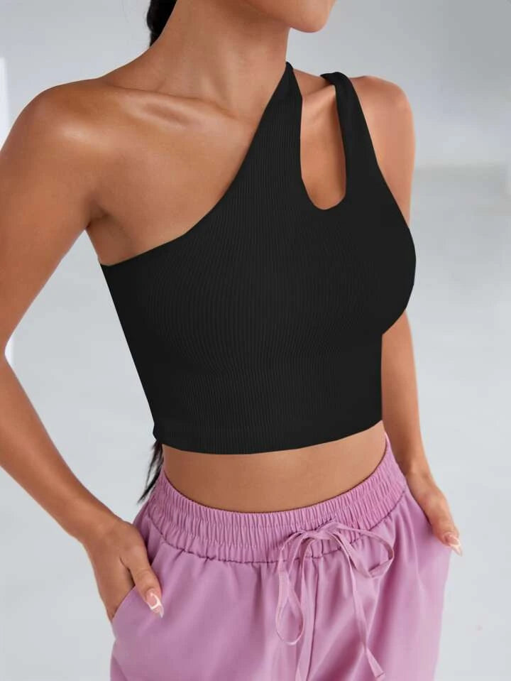 Teen Solid Black One Shoulder Asymmetrical Cut Out Rib Fitted Tank Top