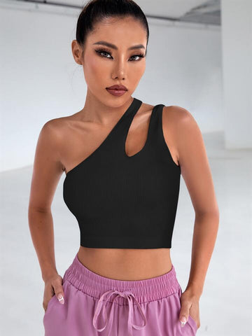 Teen Solid Black One Shoulder Asymmetrical Cut Out Rib Fitted Tank Top