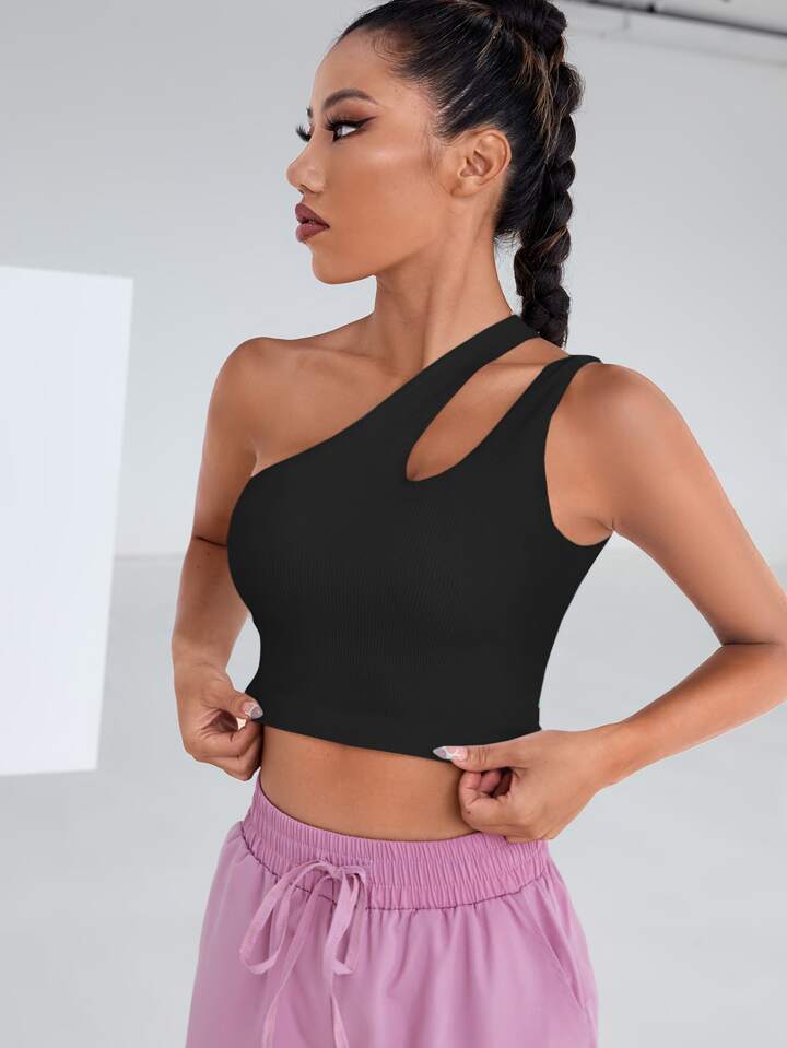 Teen Solid Black One Shoulder Asymmetrical Cut Out Rib Fitted Tank Top