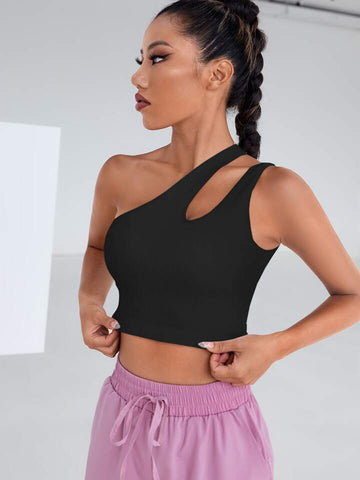 Teen Solid Black One Shoulder Asymmetrical Cut Out Rib Fitted Tank Top