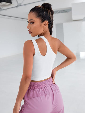 Teen Solid White One Shoulder Asymmetrical Cut Out Rib Fitted Tank Top