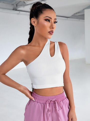 Teen Solid White One Shoulder Asymmetrical Cut Out Rib Fitted Tank Top