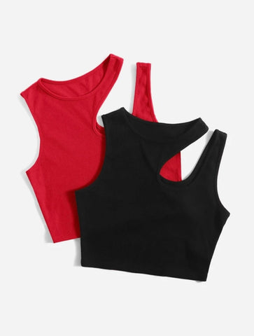 Teen Solid Pack Of 2 Asymmetrical Neck Rib Fitted Tank Tops