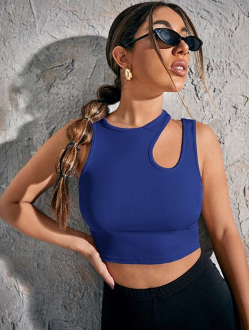 Teen Solid Royal Blue Asymmetrical Neck Rib Fitted Tank Top