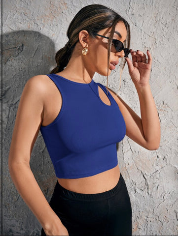 Teen Solid Royal Blue Asymmetrical Neck Rib Fitted Tank Top