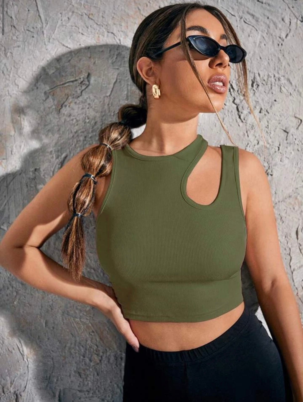 Teen Solid Army Green Asymmetrical Neck Rib Fitted Tank Top