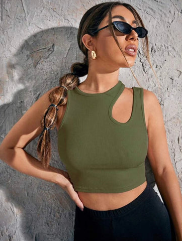 Teen Solid Army Green Asymmetrical Neck Rib Fitted Tank Top