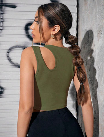 Teen Solid Army Green Asymmetrical Neck Rib Fitted Tank Top