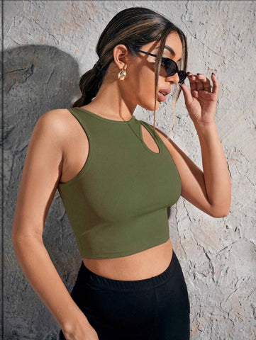 Teen Solid Army Green Asymmetrical Neck Rib Fitted Tank Top