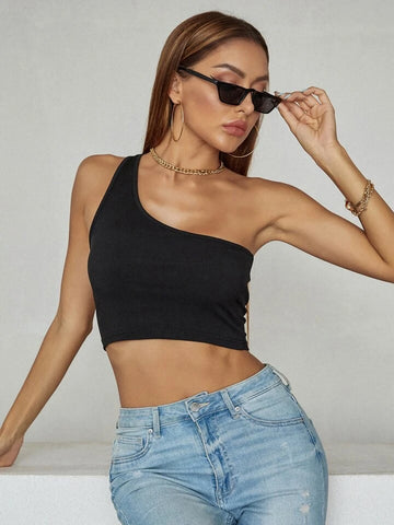 Teen Solid Black One Shoulder Rib Fitted Tank Top