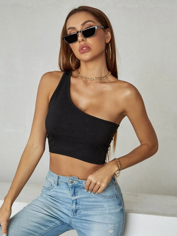 Teen Solid Black One Shoulder Rib Fitted Tank Top TEENTOPS