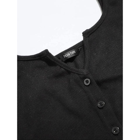 Teen Solid Black Rib Fitted Tank Top