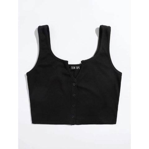 Teen Solid Black Rib Fitted Tank Top