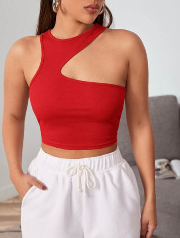Teen Solid Red Asymmetrical Rib Fitted Tank Top