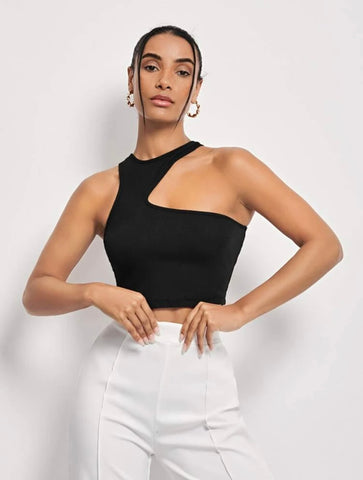 Teen Solid Black Asymmetrical Rib Fitted Tank Top