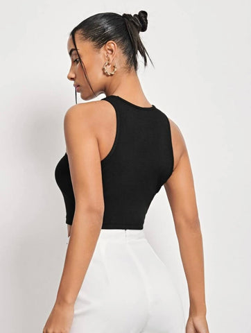 Teen Solid Black Asymmetrical Rib Fitted Tank Top
