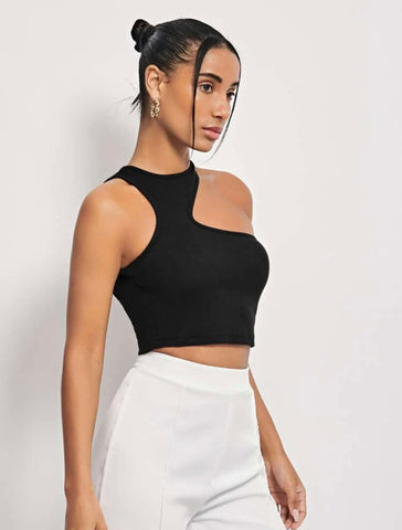 Teen Solid Black Asymmetrical Rib Fitted Tank Top