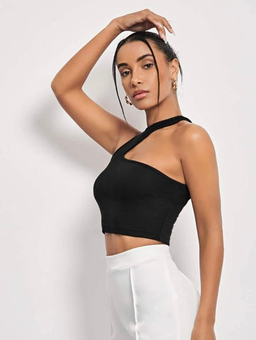 Teen Solid Black Asymmetrical Rib Fitted Tank Top