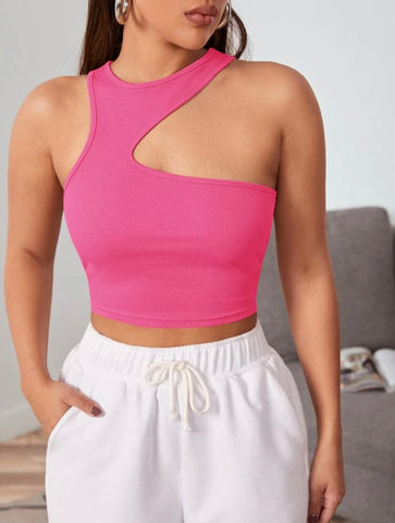 Teen Solid Pink Asymmetrical Rib Fitted Tank Top