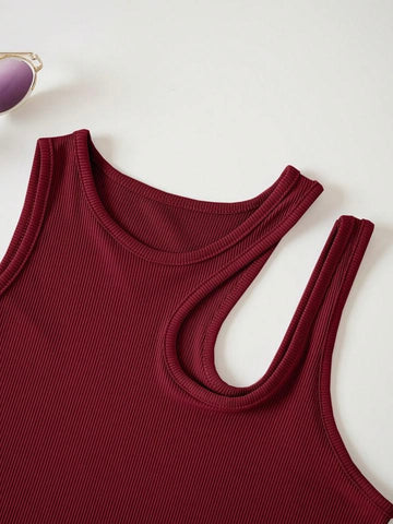 Teen Solid Maroon Asymmetrical Neck Rib Fitted Tank Top