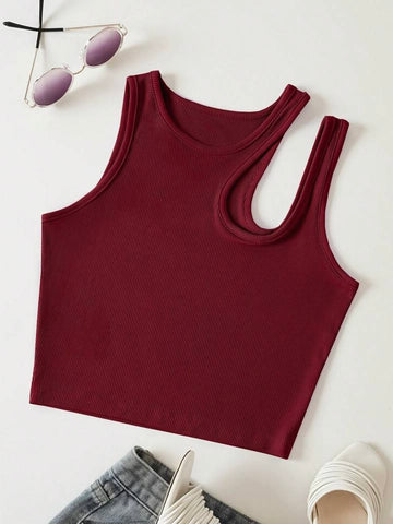 Teen Solid Maroon Asymmetrical Neck Rib Fitted Tank Top