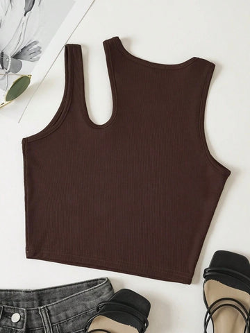 Teen Solid Chocolate Brown Asymmetrical Neck Rib Fitted Tank Top