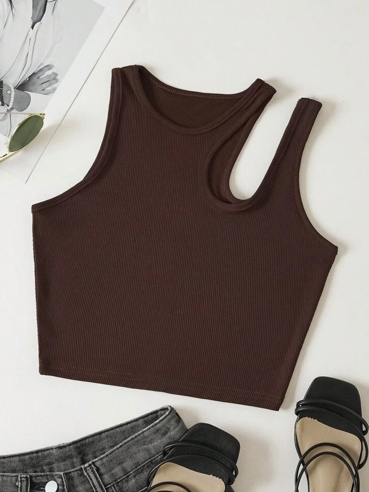 Teen Solid Chocolate Brown Asymmetrical Neck Rib Fitted Tank Top
