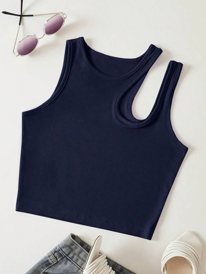 Teen Solid Navy Blue Asymmetrical Neck Rib Fitted Tank Top