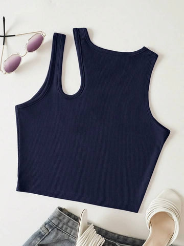 Teen Solid Navy Blue Asymmetrical Neck Rib Fitted Tank Top