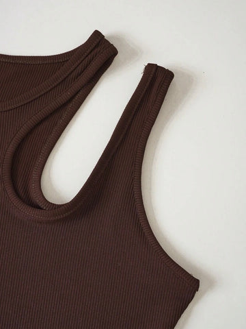 Teen Solid Chocolate Brown Asymmetrical Neck Rib Fitted Tank Top