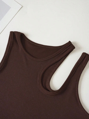 Teen Solid Chocolate Brown Asymmetrical Neck Rib Fitted Tank Top