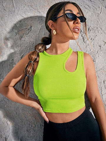 Teen Solid Green Neon Asymmetrical Neck Rib Fitted Tank Top