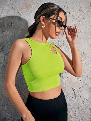 Teen Solid Green Neon Asymmetrical Neck Rib Fitted Tank Top