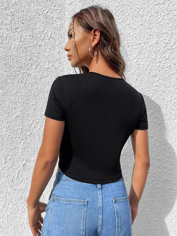 Teen Solid Black Graphic Slim Crop Top