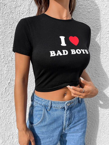 Teen Solid Black Graphic Slim Crop Top