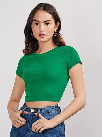 Teen Solid Crew Neck Fitted Crop Top