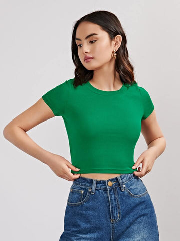 Teen Solid Crew Neck Fitted Crop Top