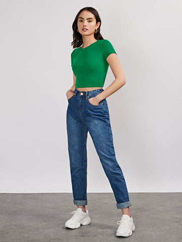 Teen Solid Crew Neck Fitted Crop Top