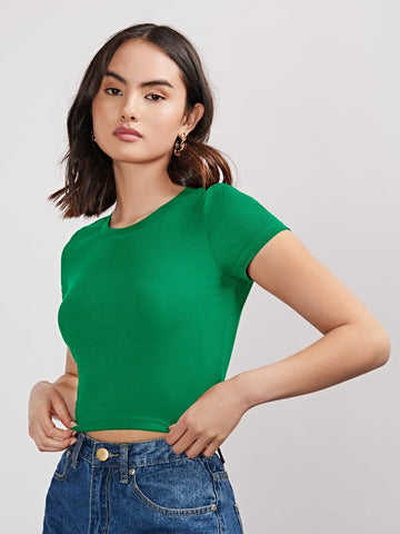 Teen Solid Crew Neck Fitted Crop Top